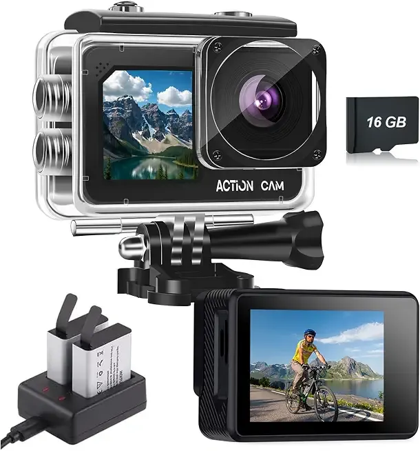 Dual Screen Action Camera, 1080P 16MP Waterproof Camera, Black | 40M Underwater Camera, with 2x1050mAh Batteries, 16GB Card & Full Accessories for Helmet, Bicycle,etc.
