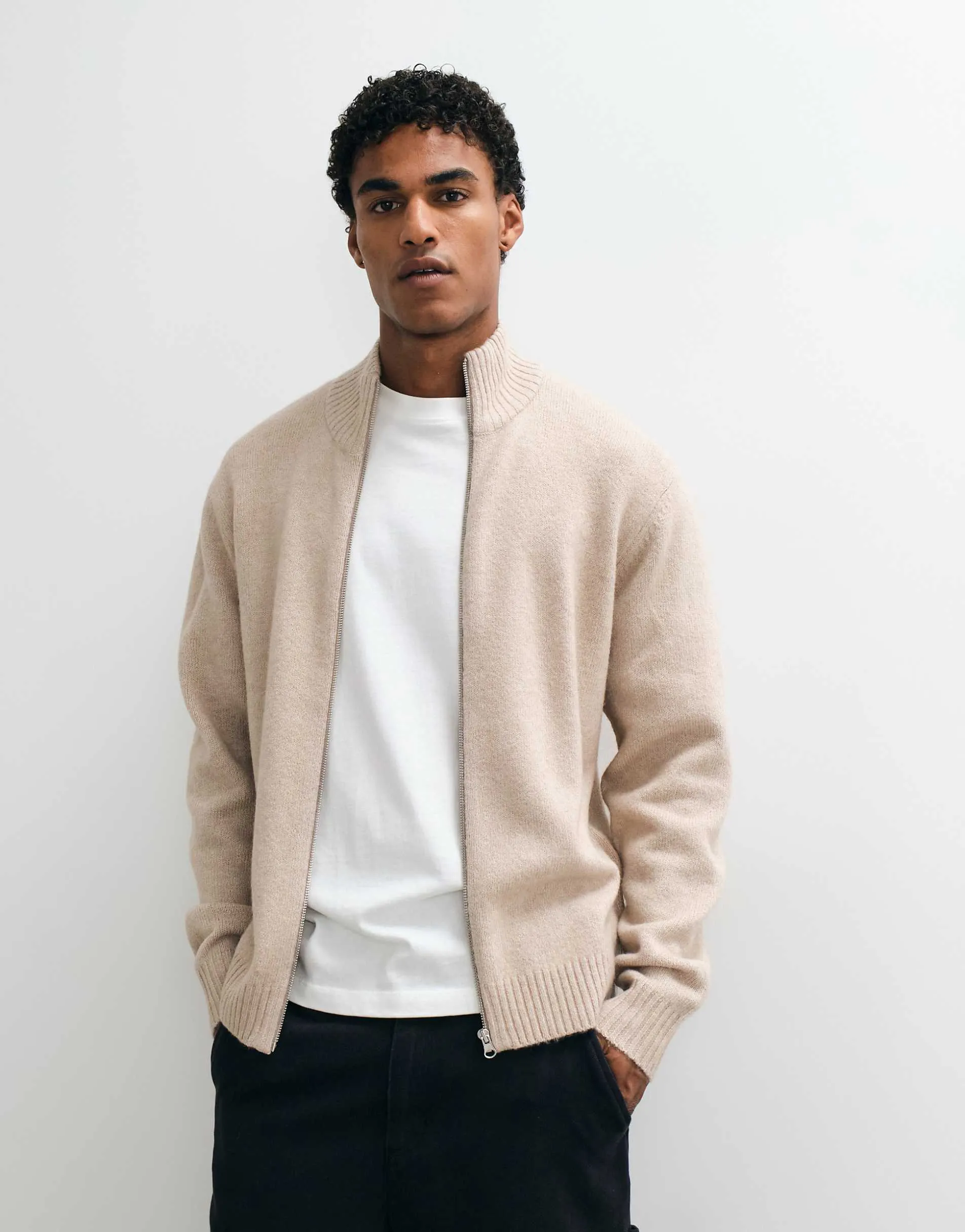 Jack & Jones high neck zip through cardigan in beige