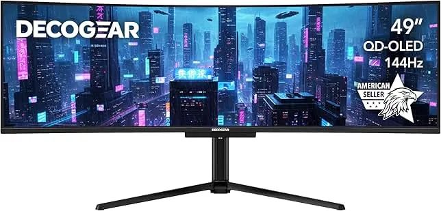 Deco Gear 49-inch Super UltraWide QD-OLED 5120 x 1440 (DQHD) Computer Monitor, 144Hz, Speaker, Adaptive-Sync, USB-C 90W, KVM, HDMI, DP, VESA Mountable, Tilt, Adjustable, 0.03ms, American Seller
