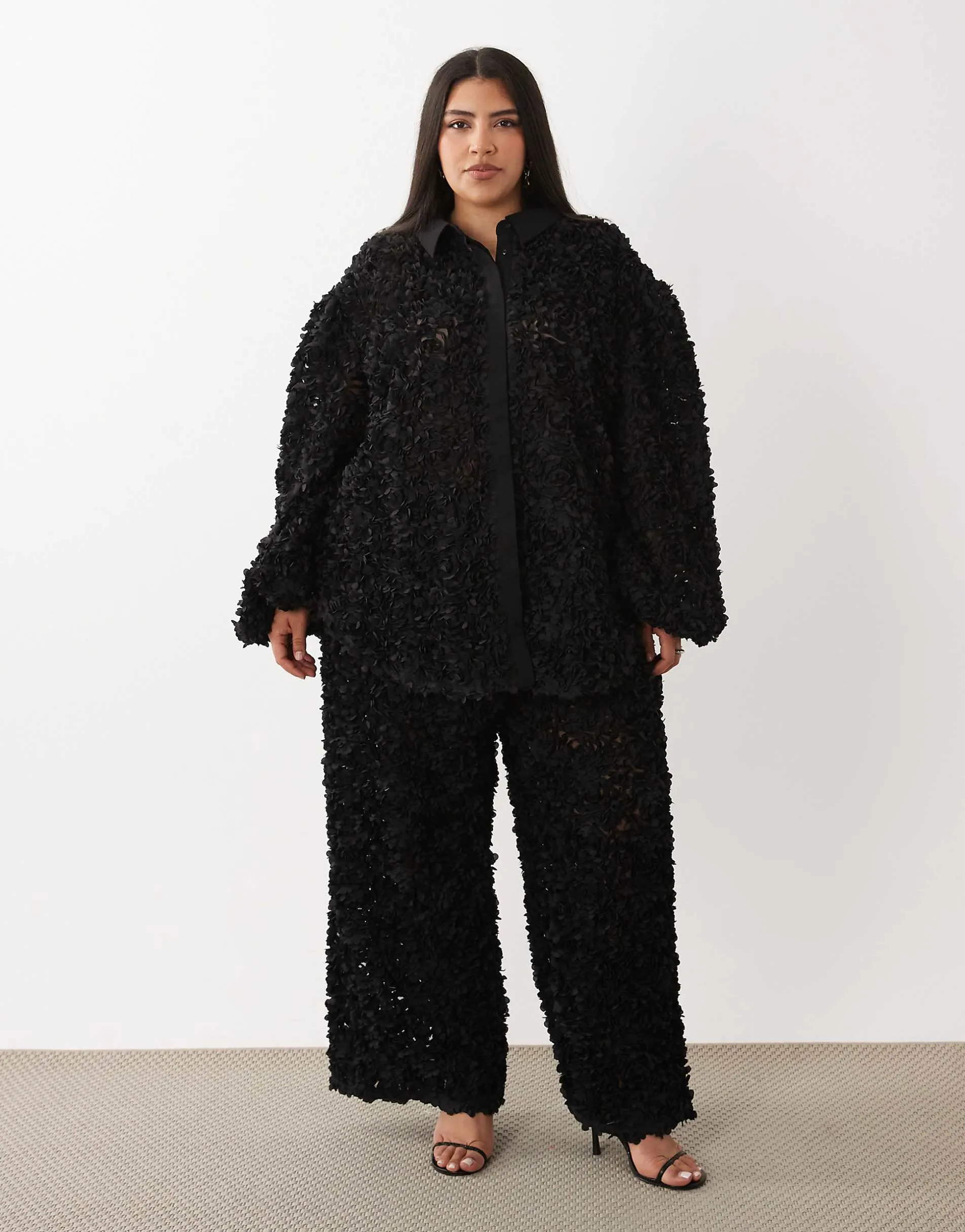 ASOS LUXE Curve 3D floral beach shirt and trousers in black