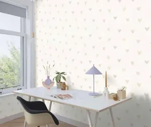 Carta da parati cuoricini delicati rosa rosa, crema, 53 cm x 10.05 m