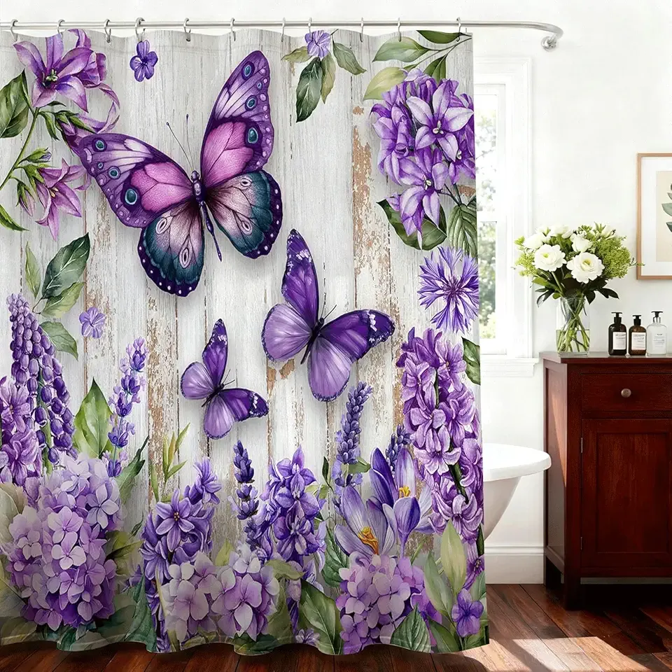 Mocsicka Purple Floral Shower Curtain Farmhouse Rustic Flowers Butterfly Shower Curtain for Bathroom, Waterproof Fabric Green Leaf Retro Wooden Door Bath Curtain 72 X 72 Inch