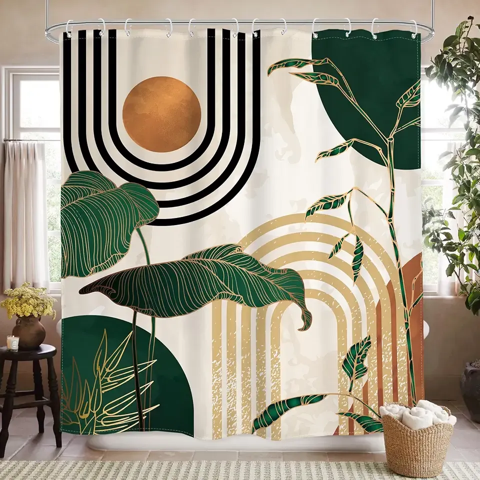 Glawry Green Boho Shower Curtain 60Wx72L Inches, Abstract Retro Mid Century Shower Curtains for Bathroom Decor,Minimalist Tropical Modern Shower Curtain Set Home Decor 12 Pack Hooks