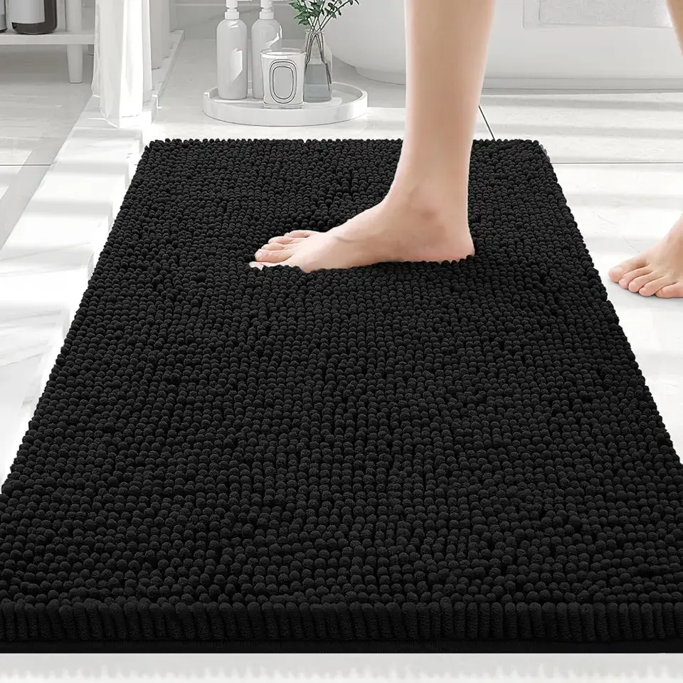 Smiry Luxury Chenille Bathroom Rugs 30x20, Extra Soft and Absorbent Shaggy Bath Mat, Machine Washable, Non-Slip Plush Carpet Runner for Tub, Shower, and Floor, Home Decor Accessories, Black