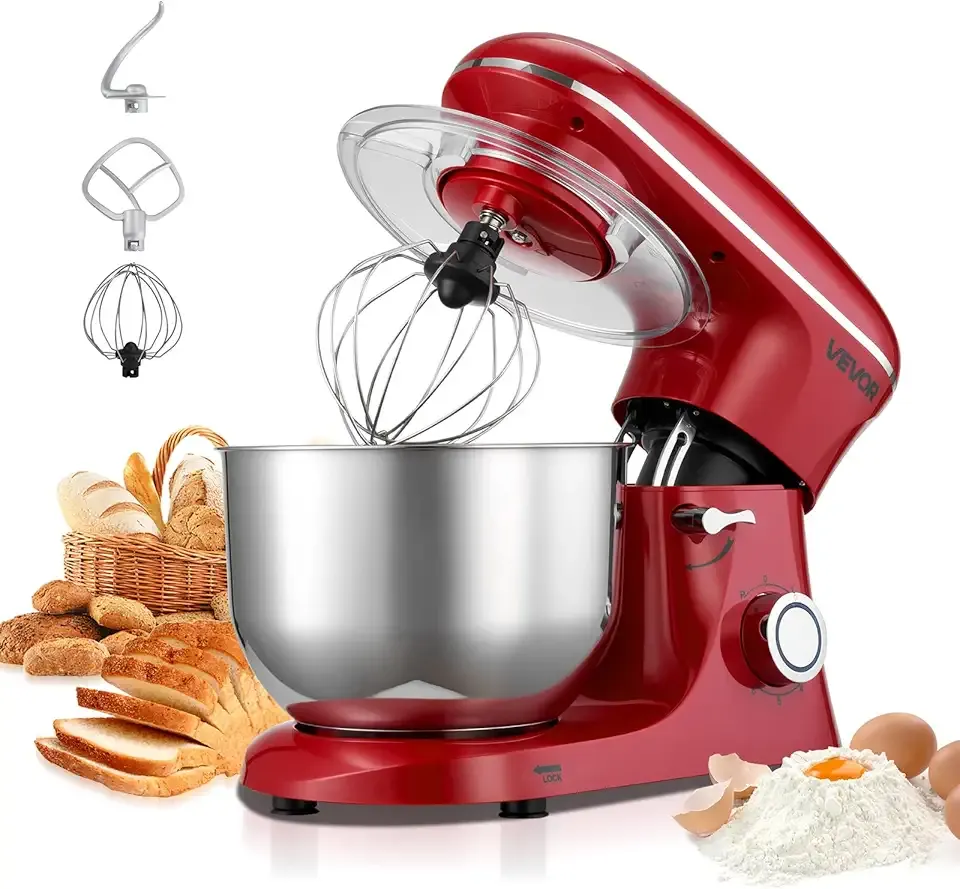 VEVOR Stand Mixer, 6 QT Electric Kitchen Mixer, 660W Dough-Mixer, 6 + Pulse Speeds Tilt-head Food-Mixer with Stainless Steel Bowl, Dough Hook, Whisk, Beater, for Baking, Mixing, Whipping & Kneading