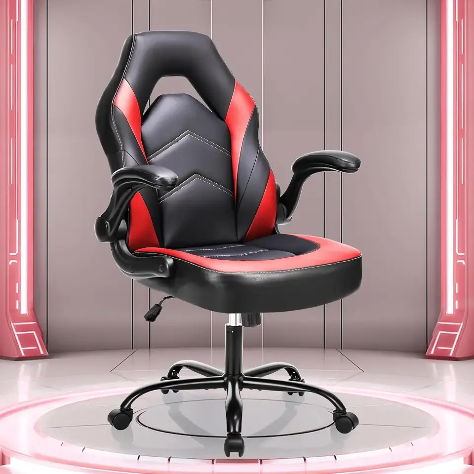 OLIXIS Computer Gaming Desk Chair - Ergonomic Video Game with Comfy Lumbar Support and headrest, PU Leather with Flip-up Arms, Adjustable Height and Swivel Wheels, for Adults, Black and Red