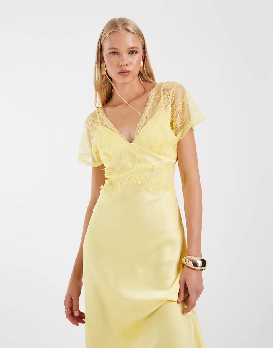 ASOS DESIGN v neck satin maxi dress with lace detail in soft yellow