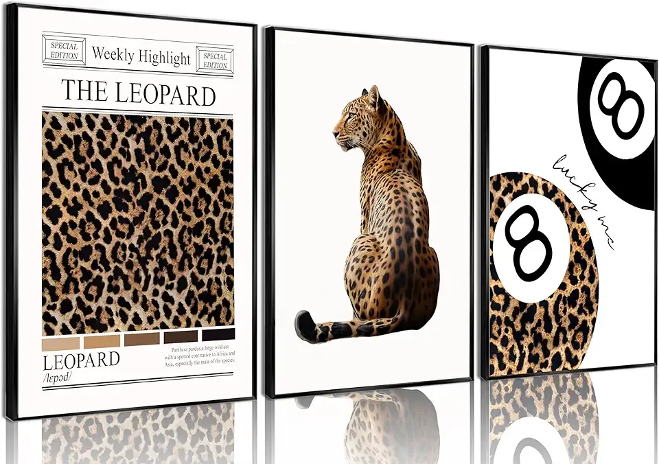 Set of 3 Trendy Leopard Wall Art Funky Lucky 8 Ball Posters Prints Preppy Room Aesthetic Cheetah Wall Decor Pictures for Girls Bedroom Apartment Dorm Unframed 12x16in