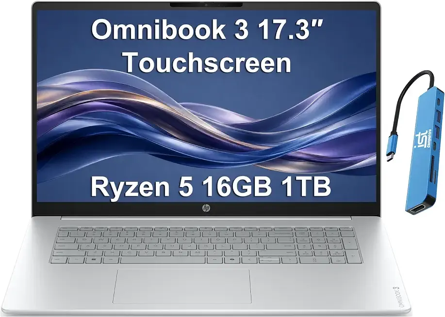 HP OmniBook 3 17.3" Touchscreen Laptop, AMD Ryzen 5 130, 16GB DDR5, 1TB SSD | FHD IPS Anti-Glare, > Intel i5-1335U, for Business, Home, Students,1080p Webcam, Backlit, Numeric Keypad, Win 11 Home