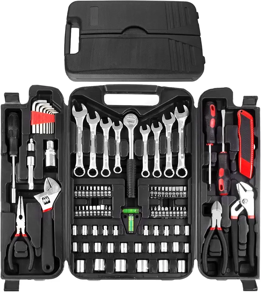 TLGREEN 95 Piece Tool Set, Tool Kit, Mechanics Tool Set, Portable Toolbox with Adjustable Wrench Pliers Socket Bits, with Plastic Toolbox, for House Apartment Garage (Red)