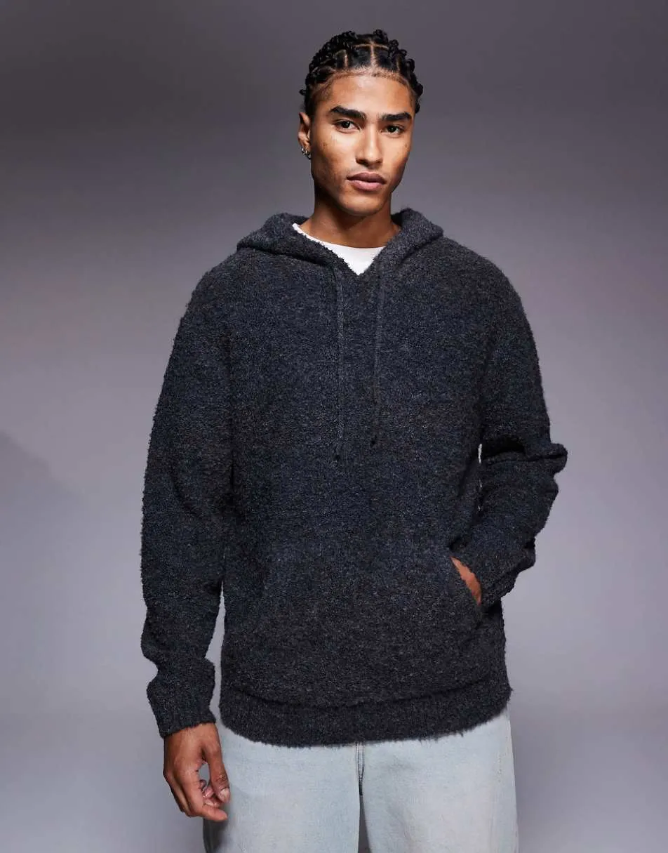 ASOS DESIGN oversized knitted boucle hoodie in charcoal