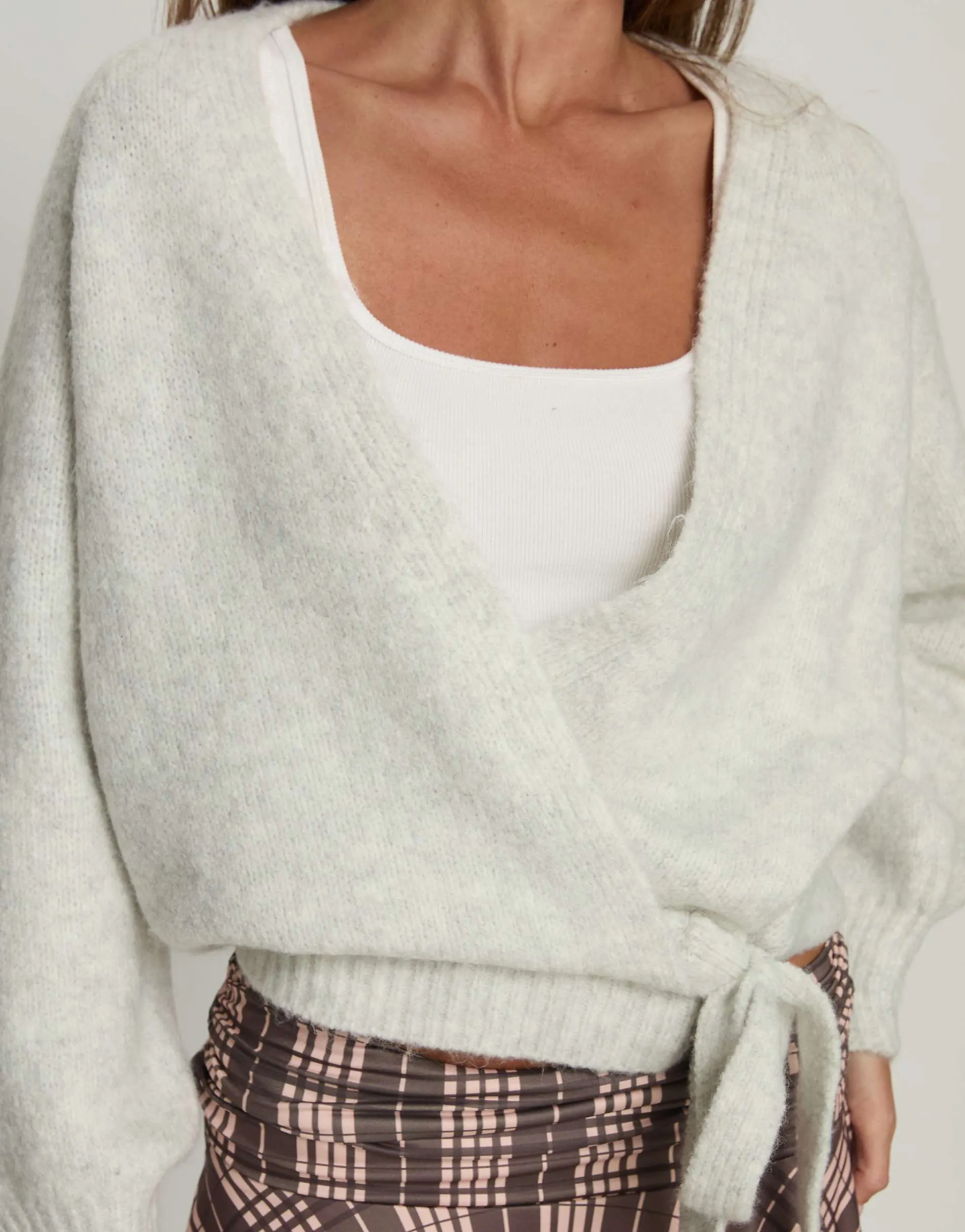 Princess Polly Daelan soft knit wrap tie detail cardigan in light grey
