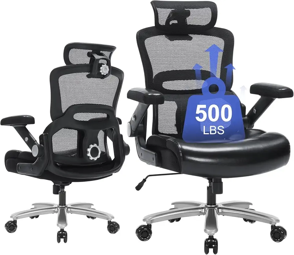 Big and Tall Office Chair-500lbs, Heavy Duty Ergonomic Office Desk Chair with Adjustable Lumbar Support,3D Flip-up Armrests&Headrest Mesh High Back Wide Seat Computer Executive Task Chair, Black
