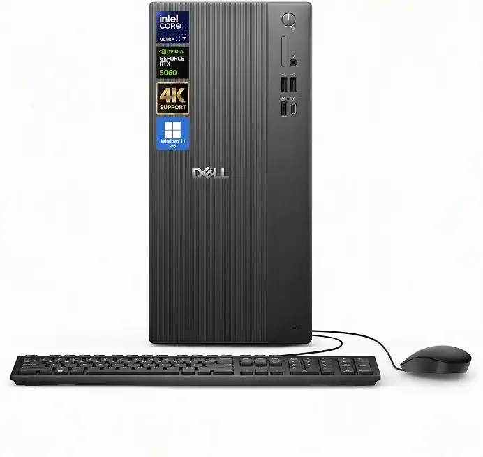 Dell Tower Desktop Computer Intel Ultra 7 265F RTX 5060 32GB 2TB Win 11 Pro | GeForce RTX 5060 8GB GDDR7, Intel Ultra 20 Core AI CPU, SD Card Reader, HDMI 2.1, Wired Keyboard & Mouse, Black