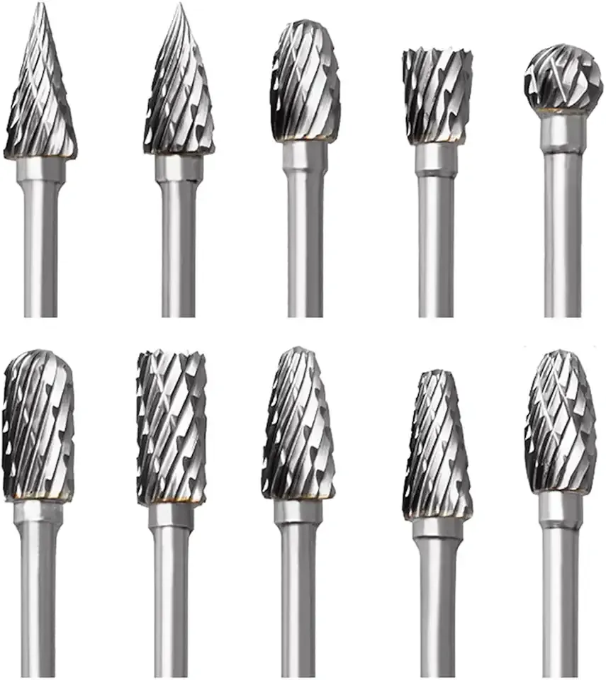 Tungsten Carbide Rotary Burr Set for Dremel, 10PCS Carbide Double Cut Carving Burr Bits with 1/8” Shank Rotary Tool Accessories for Woodworking, Engraving, Drilling, Steel Metal Working