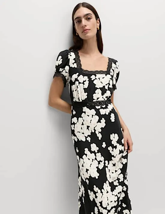 Midaxi-Teekleid mit Blumenmuster und Spitzendetail