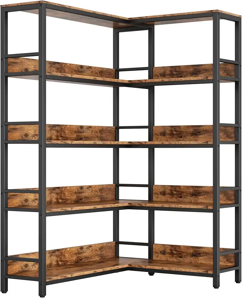 Corner Bookshelf 5 Tiers, Industrial Corner Bookcase with Baffles Etagere, L Shaped Bookshelves with Metal Frame, Corner Shelf Storage Rack for Living Room Home Office