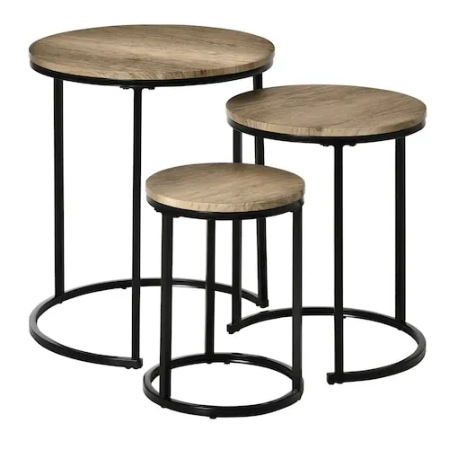 Round Nesting Coffee Tables Modern Stacking Side Tables w/ Steel Frame
