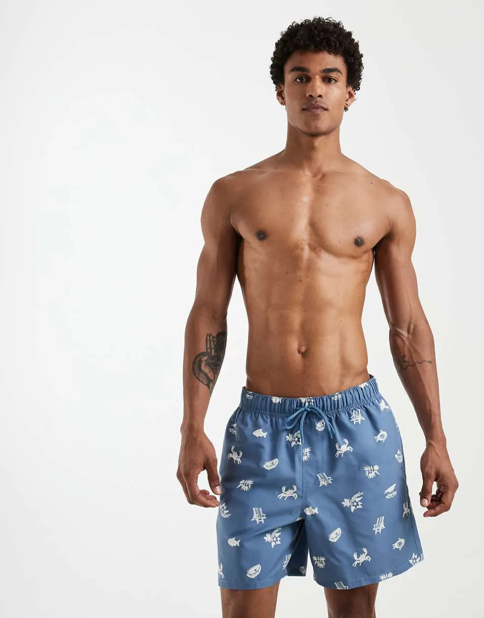 ASOS DESIGN swim shorts in mid length with holiday print in blue