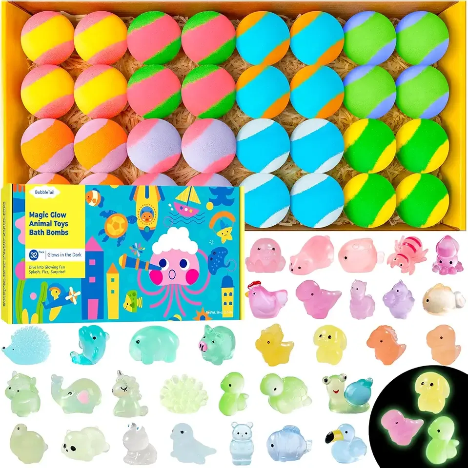 Bath Bombs for Kids with Surprise Inside, 32 Pack 1.8-Inch Fizzy Bath Bombs with 32 Different Glow-in-the-Dark Animal Toys, Kid-Friendly, Non-Toxic, 8 Scents, Birthday Party Favors & Stocking Stuffers