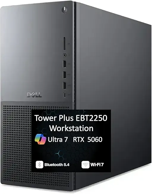 Dell Tower Plus EBT2250 Workstation Desktop, Next-gen XPS (Intel Ultra 7-265, 32GB DDR5, 1TB PCIe SSD, GeForce RTX 5060, 460W PSU, WiFi 7, Bluetooth 5.4, RJ-45, 3 Display Port, 2 HDMI, Win 11 Pro)