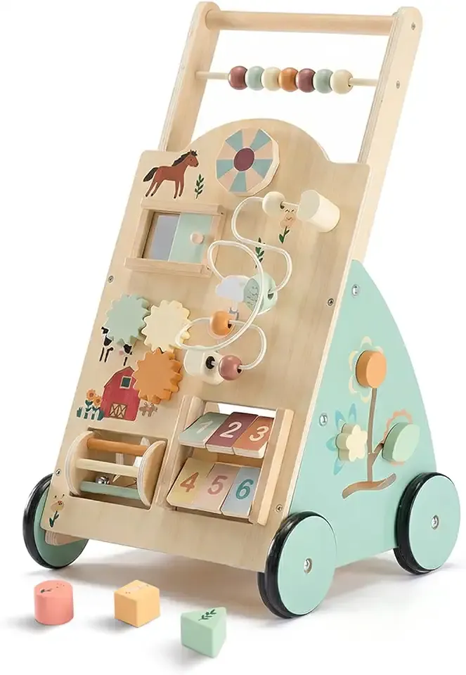 DUMOS Wooden Baby Push Walker, Montessori Activity Toys with Adjustable Speed for 1 Year Old, Silent Rubber Wheels, Wood