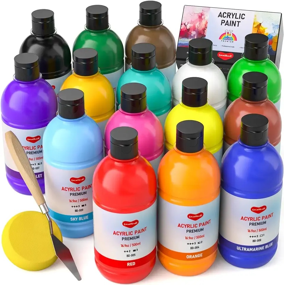 15 Colors Large Acrylic Paint Set (16.9 oz,500 ml), Bulk Acrylic Paint Non-Toxic Art Painting Supplies on Multi Surface Pumpkin Canvas Wood Craft Fabric Rock for Artist Kids with Color Wheel