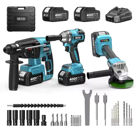 Seesii 3-In-1 Tool Combo Kit Rotary Hammer Drill Impact Wrench Angle Grinder Electric Brushless Cordless Battery Powered Tool Kits with 2x4.0Ah Batteries for Car Home Heavy-duty