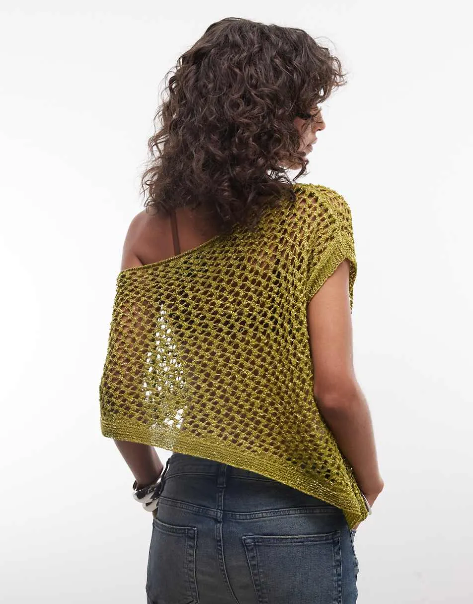 Reclaimed Vintage crochet knit metallic poncho in olive
