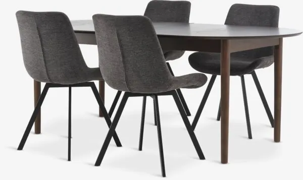 MARSTRAND + HYGUM MARSTRAND L200/280 tafel donker eiken + 4 HYGUM stoelen grij