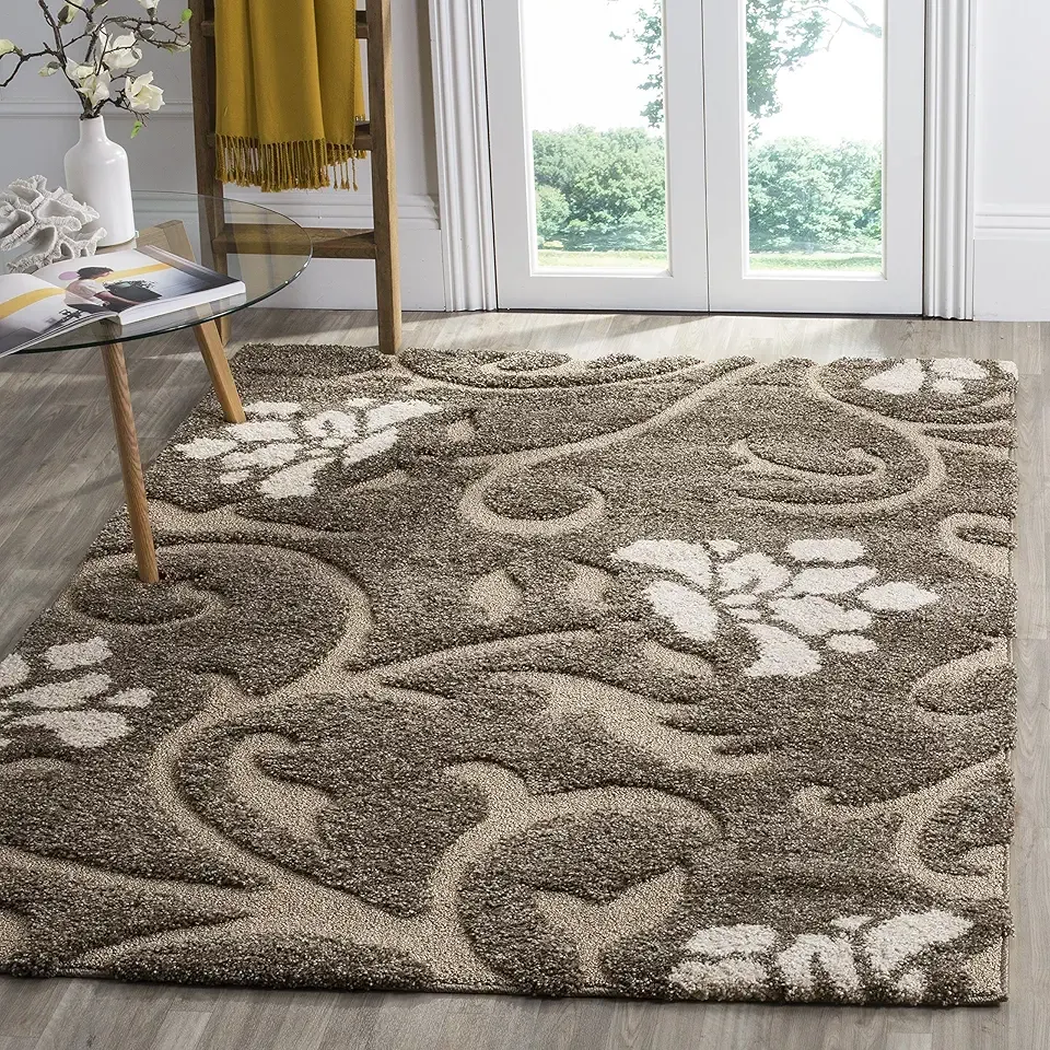SAFAVIEH Florida Shag Collection Area Rug - 5'3" x 7'6", Smoke & Beige, Floral Design, Non-Shedding & Easy Care, 1.2-inch Thick Ideal for High Traffic Areas in Living Room, Bedroom (SG464-7913)
