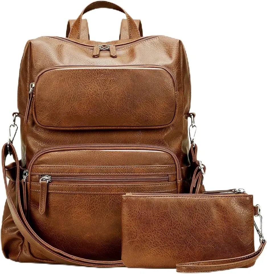 PU Leather Backpack for Women - Vintage Womens Backpacks with Wristlet Convertible Crossbody Shoulder Bag for Daily Use Work Party - Brown