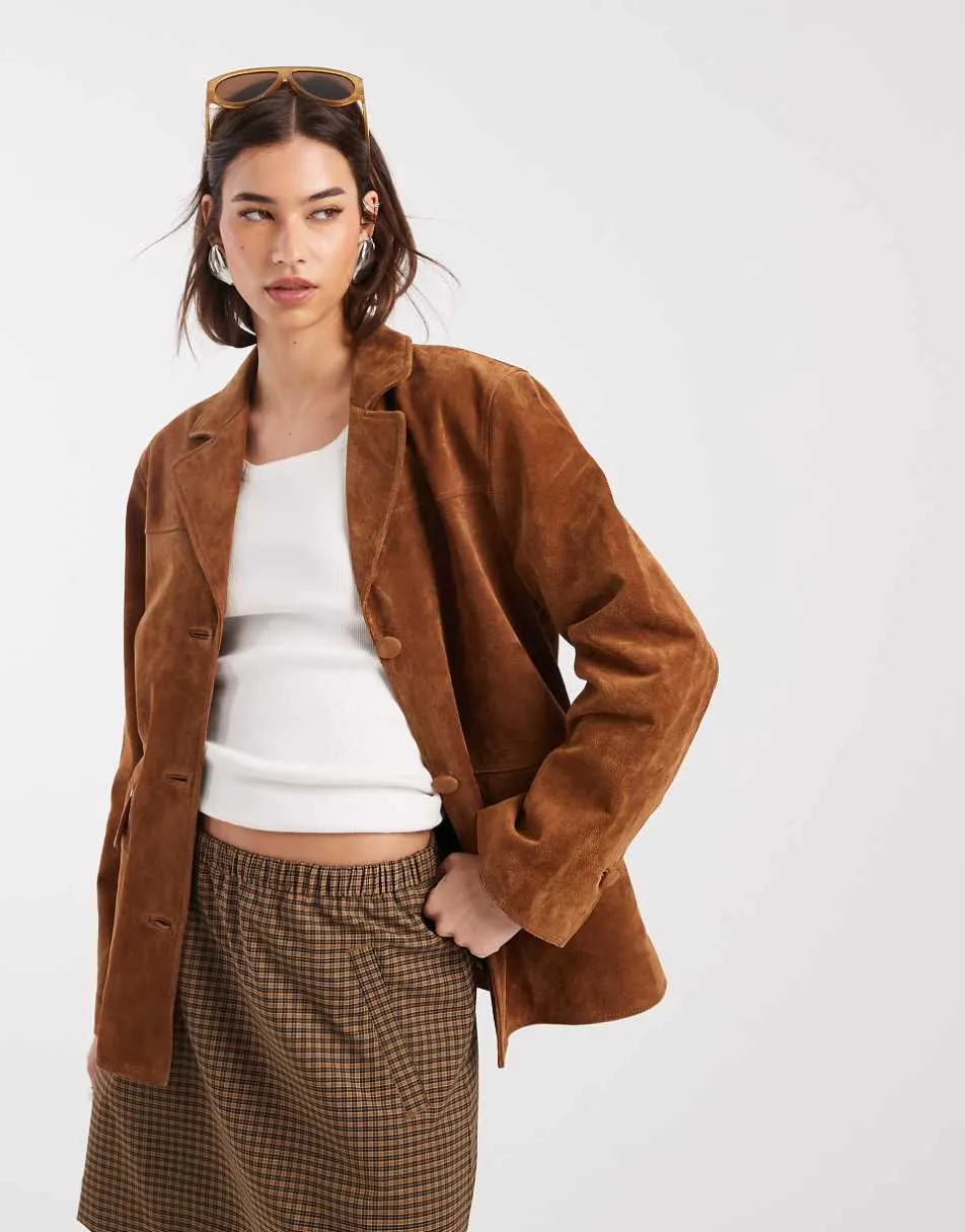 Laagam maira real suede long jacket in brown
