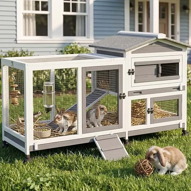 PetsCosset 57" L Large Rabbit Hutch with Run, 2-Story Bunny Cage | 3 Pull-Out Trays for Easier Cleaning, Wooden Guinea Pig Cage for Small to Medium Animals, Indoor and Outdoor Use