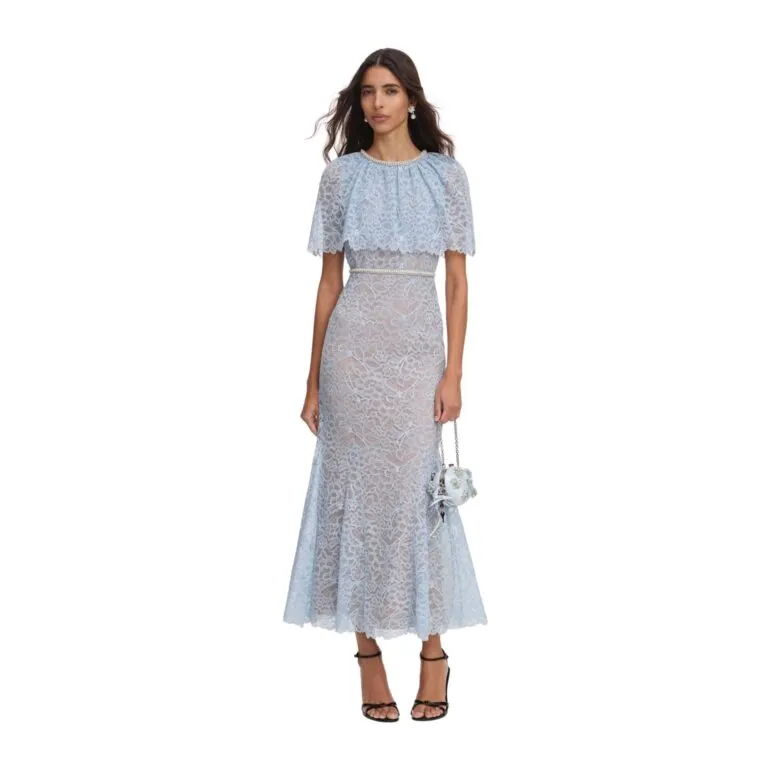 Lace Cape Midi Dress - Blå