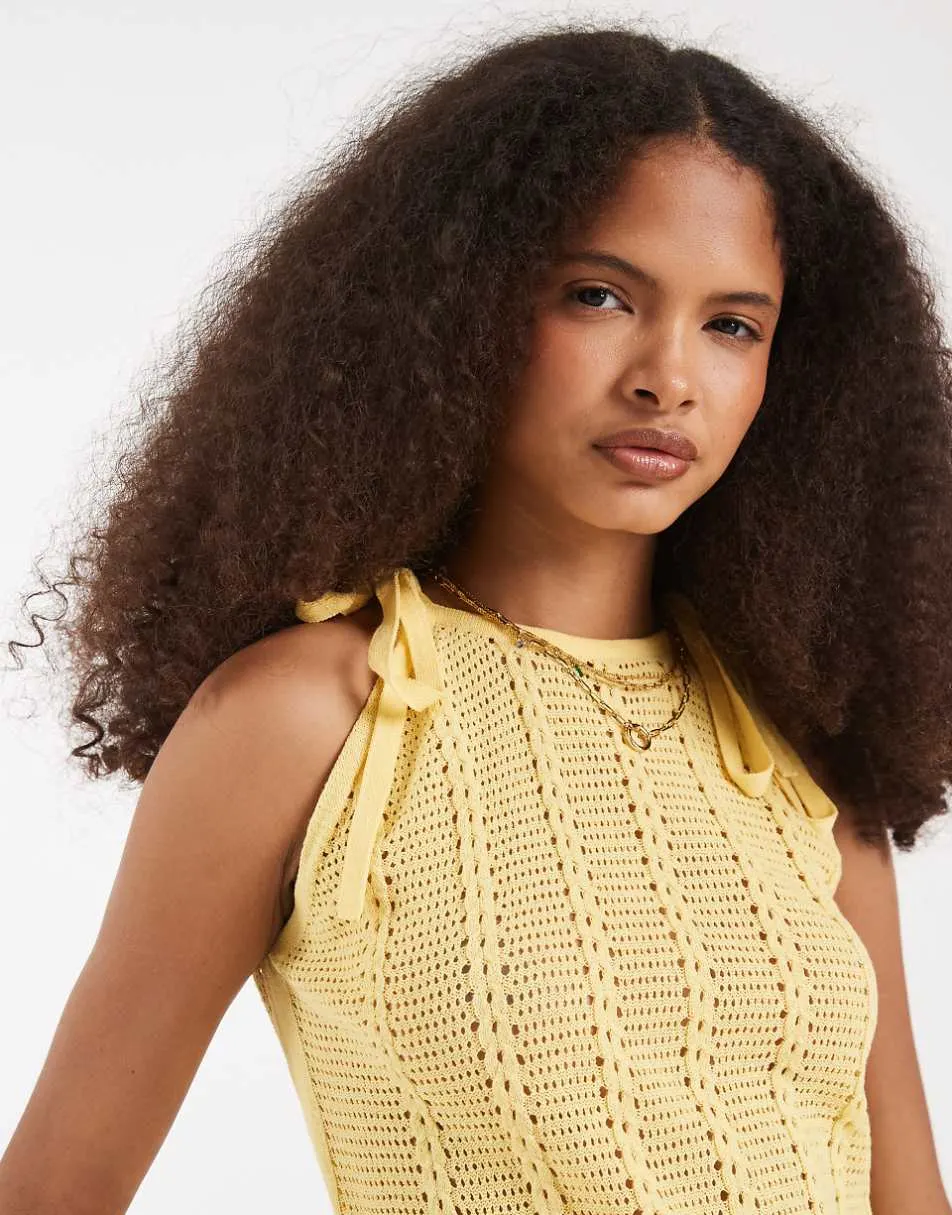 Vero Moda tie shoulder racer crochet knitted vest in golden yellow