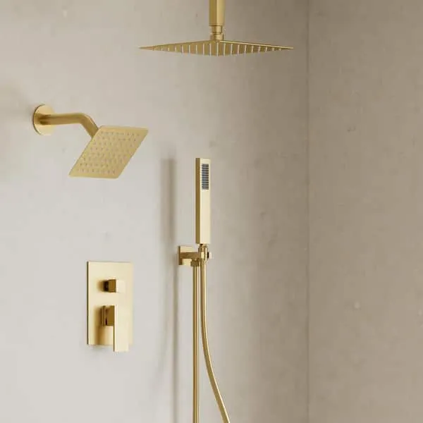 YAWWALK 3-​Spray Ceiling Mount 10 and 6 in.​ Dual Shower Head and Handheld Shower Head in Brushed Gold (Valve Included)​