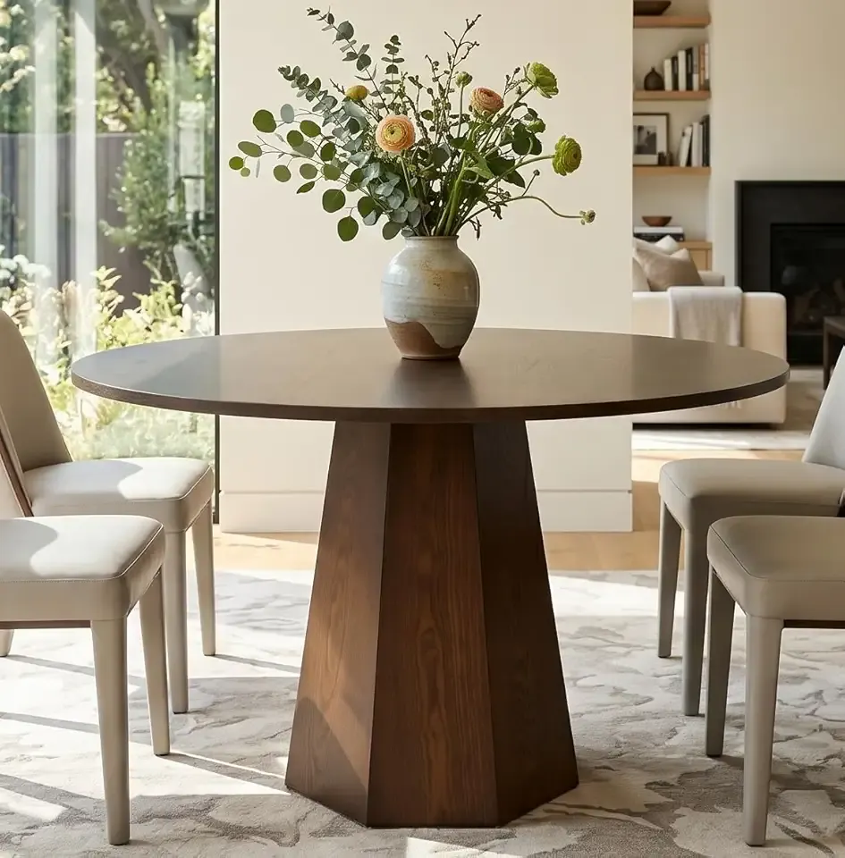 BESTANO 39” Round Solid Wood Dining Table for 4-5 People, Modern Pedestal Small Kitchen Table Circle Tabletop with Walnut Wood Grain Finish, Saving Space, Walnut