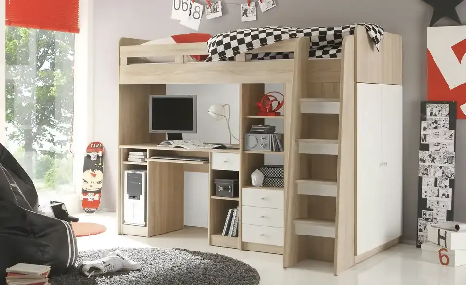 Hochbett mit Kleiderschrank und Schreibtisch Unit