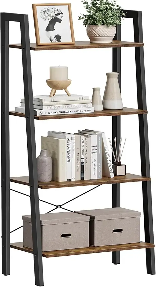 Ladder Shelf, 4-Tier Bookshelf, Storage Rack, Bookcase with Steel Frame, for Living Room, Home Office, Kitchen, Bedroom, Industrial Style, Rustic Brown and Ink Black ULLS44X