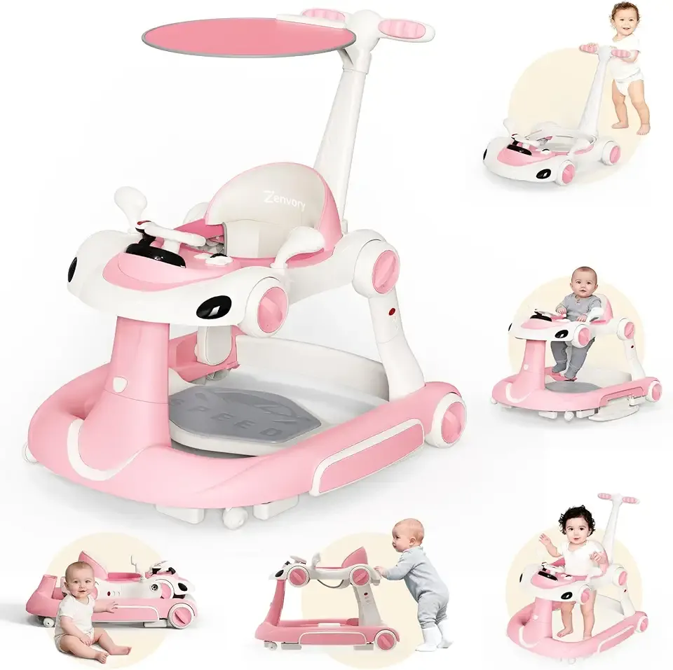 6 in 1 Foldable Baby Walker, Activity Baby Walker-Baby Bouncer, Rocker, Activity Center,Push Walker,Detachable Trampoline Mat, Adjustable Speed Rear Wheels and Height,Music & Lights,Ages 6-18 Months