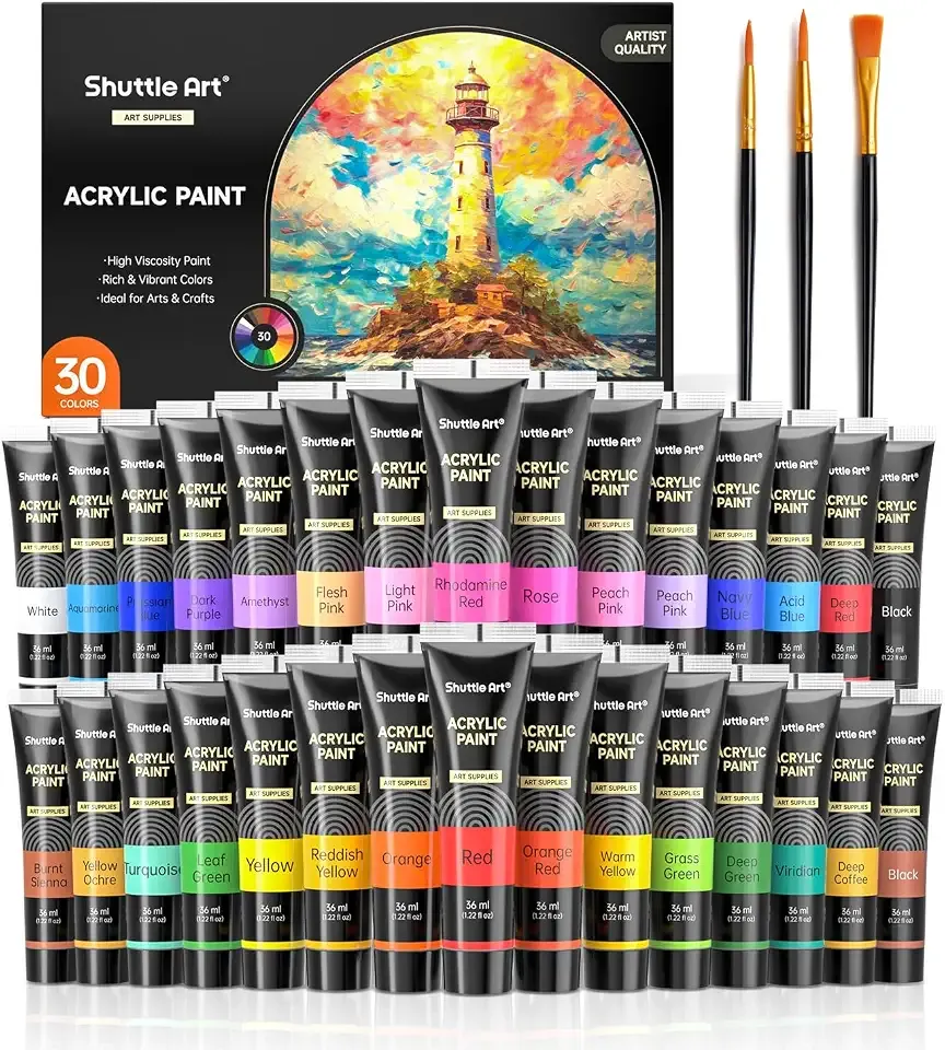 Shuttle Art 30 Colors Acrylic Paint Set, 36ml Tubes with 3 Brushes, Artist Grade Acrylic Paint, for Kids Adults Beginners, Painting on Crafts Canvas Wood Rocks
