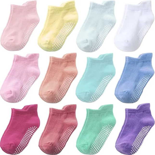 Baby Toddler Socks Grip Non Slip Boys Girls Kids Cotton 12 Pack Ankle Socks | Premium Cotton Soft Breathable,Anti-Slip Grips,6 Month-7T Grippy Toddler Socks,Elastic Cuffs,Unisex Daily All Season Wear