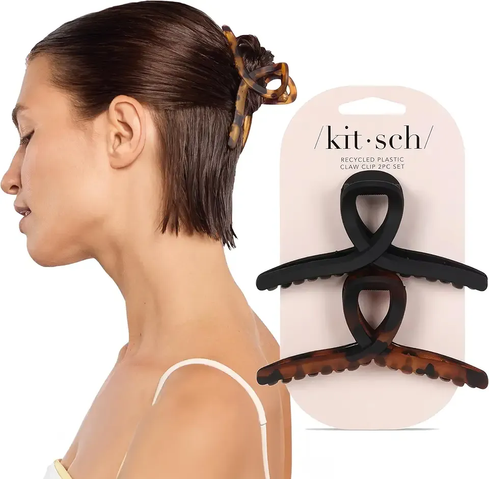 Kitsch Large Hair Clips for Women - Fashionable Loop Hair Claw Clips | Matte Plastic, Easy-Grip | Perfect for Everyday Use & Special Occasions | Ideal Gifts for Women - Tortoise & Black, 2 Pcs