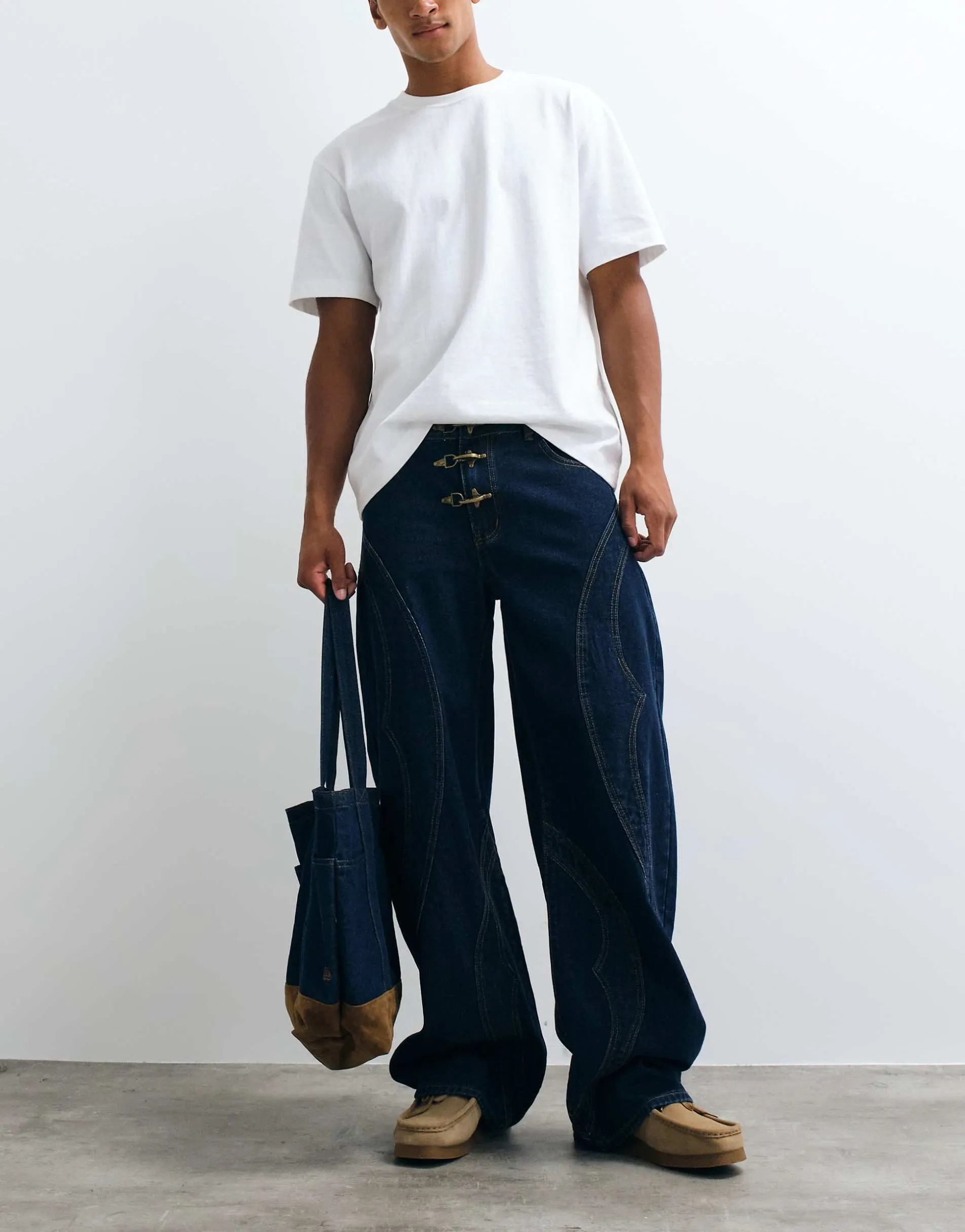 Liquor N Poker relaxed baggy seam detail fireman clasp jeans in mid blue wash
