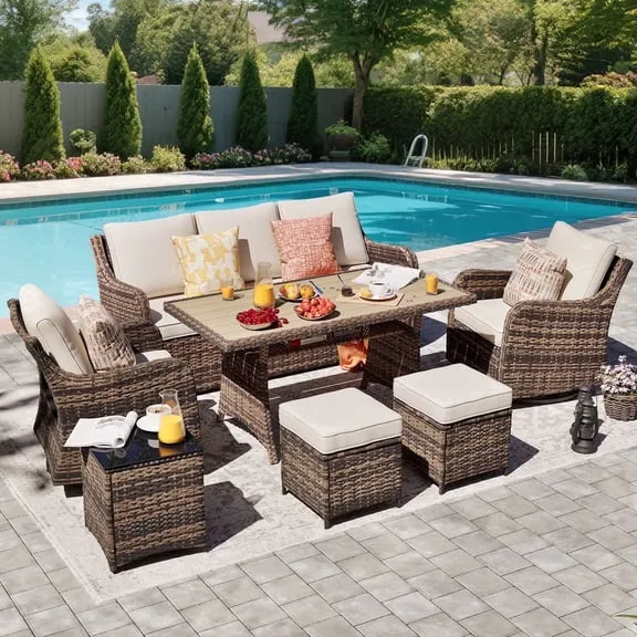 MEISSALIVVE 7 Pieces Patio Furniture Set with Dining Table, Outdoor Wicker Conversation Set with Wicker Armrest Chairs, 2 Ottomans, Beige