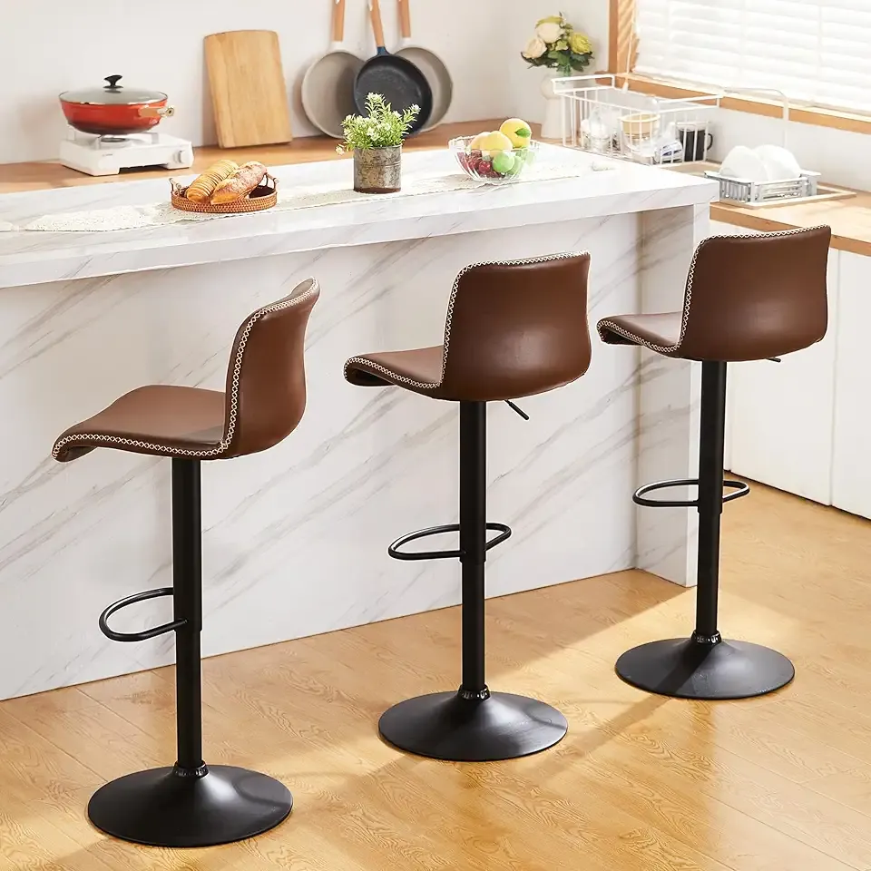 HeuGah Bar Stools Set of 3, Swivel Counter Height Barstools with Back, Adjustable Height 24" to 32", Brown Faux Leather Bar Chairs for Kitchen Island (Brown, Set of 3 (24'' to 32''))