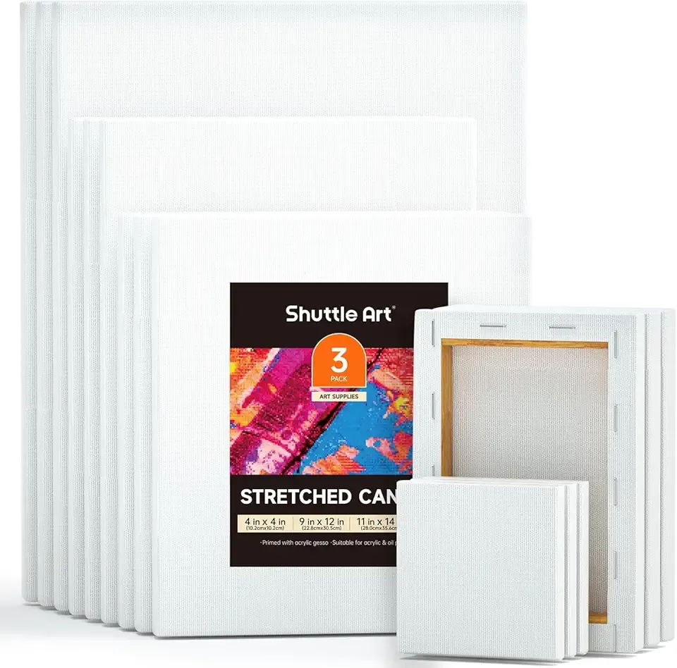 Shuttle Art Canvas for Painting, 15 Pack Multi-Size 4x4/5x7/8x10/9x12/11x14 Inch, Stretched Canvas, 100% Cotton, Primed White Blank Art Canvases, Ideal for Acrylic Oil Acrylic Pouring
