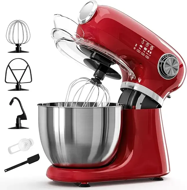 Kismile 5.5QT Tilt-Head Stand Mixer, 12-Speed Electric Kitchen Mixer with 304 Stainless Steel Bowl - Includes Dough Hook, Whisk, Beater for Baking Bread, Cakes, Cookies（Bright Red）