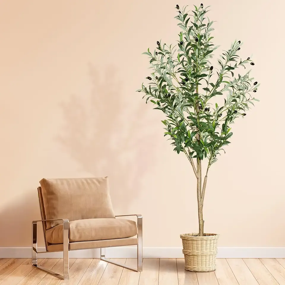 6ft Faux Olive Tree, Artificial Olive Tree Indoor, High Imitation Silk Plant Fake Olive Tree with Realistic Leaves and Fruits, Suitable for Home Living Room Office Decoration